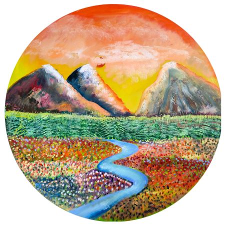 Valley of Dreams Oil Canvas Round Painting by Artist Debayan Kundu 36 Inches